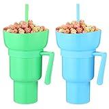 Baderke 2 Pcs Snack and Drink Cup 32 oz Stadium Tumbler with Bowl 2 in 1 Travel Cup Leak Proof Portable Reusable Snack Tumbler with Bowl on Top and Straw (Blue,Green)