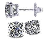 Central Diamond Center 14K Solid Gold Post & Sterling Silver 4 Prong CZ Stud Earrings - Platinum Plated - 5.25mm - 1.00cttw