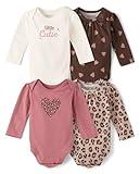 The Children's Place Baby Girls' and Newborn Everyday Long Sleeve Bodysuits,Multipacks, Warm Blush Leopard 4-Pack