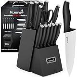 Kuisine Kitchen Chef Knife Block Set,High Carbon Stainless Steel Sharp Knife Set with Built-in Sharpener,Elegant Gift(Black,15pcs)