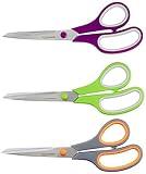 Amazon Basics Scissors for Office, Crafts, Multipurpose, Sharp, Comfort Grip, PVD Coated, Stainless Steel, Purple, Green & Grey, 3 Pack