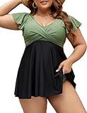 Edelqual Women's Plus Size Tankini Swimsuits Swim Dress Tummy Control Bathing Suits Two Piece Full Coverage High Waisted Modest Curvy Swimwear 2024(Army Green and Black,L)