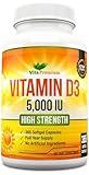 Vitamin D 5000 IU, 365 Easy to Swallow Softgels, High Strength Vitamin D3 5000 IU Supplement - Full Year Supply