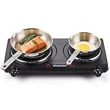 Elite Gourmet EDB-302BF# Countertop Double Cast Iron Burner, 1500 Watts Electric Hot Plate, Temperature Controls, Power Indicator Lights, Easy to Clean, Black