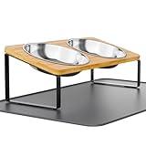Summark Elevated Cat Bowls Whisker Friendly,Cat Food Bowls with Silicone Food Mat,15°Tilted Stand Anti Vomiting Raised Cat Dishes for Food and Water,2 Stainless Steel Bowls for Cats and Puppy, Bamboo