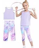 Gogokids Girls' Activewear Workout Set, 2 Piece Athletic Sets Sleeveless Tank Tops and Capri Leggings Yoga Pants Purple