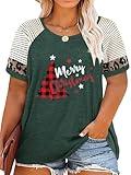 Anbech Plus Size Christmas Graphic Tees Women Merry Xmas Print Tops Raglan Short Sleeve Shirt (Green, 2XL)