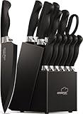 Knife Set, Amorston 15 Pieces Knife Sets for Kitchen with Block, Dishwasher Safe Kitchen Knife Set with Built in Sharpener Block, German Stainless Steel Knife Block Set, Black