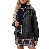 American Trends Black Womens Faux Leather Jackets Oversized Bomber Motorcycle Coat Fall Fashion Winter Outfits Clothes Medium