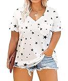 TIYOMI Plus Size Tops for Women Short Sleeve V Neck Front Pocket Shirt Stars Print Star Pattern Tee Shirt Holiday Cute Summer Basic Casual Loose Fit Tops White Black 3XL 22 24 US