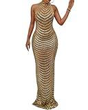 PORRCEY Women's Sexy Hot Drilling Craft Dress Bodycon Party Club Night Out Dress(5259,Gold,L)