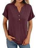AUTOMET Women's Short Sleeve Shirts Henley Dressy Casual Summer Tops 2025 Trendy Blouses Cute T-Shirts Outfits Clothes Wine L