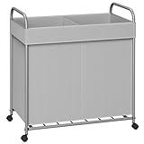 CASAMAYA Laundry Basket with Wheels, 2-Section Rolling Laundry Hamper, Laundry Sorter with Removable Liner, Steel Frame with Handle, 95L, 23.6 x 13 x 25.2 Inches, Grey, LHC120G01