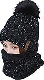 LCZTN Womens Pom Beanie Hat Scarf Set Girls Cute Winter Ski Hat Slouchy Knit Skull Cap with Fleece Lined