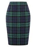 Plaid Pencil Skirts for Women Fall Winter High Waisted Bodycon Midi Wool Knee Length Skirt with Slit(Green, XXL)