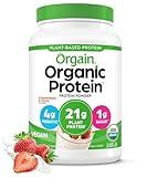 Orgain Organic Vegan Protein Powder, Strawberries & Cream - 21g Plant Based Protein, 4g Prebiotic Fiber, Low Net Carb, No Lactose Ingredients, No Added Sugar, Non-GMO, For Shakes & Smoothies, 2.03 lb