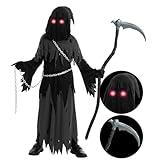 Spooktacular Creations Glowing Eyes Grim Reaper Costume for Kids, Halloween Costume for Boys, Phantom Costume-M(8-10yr)