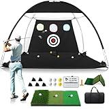 10x7FT Golf Net with Foldable Tri-Turf Practice Mat, All-in-1 Golf Hitting Aid with Scoreboard & Target, Chipping Training Nets for Backyard Driving, Ideal Gifts for Men Dad Husband Boys