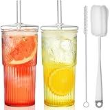 ALINK Glass Cups with Lids and Straws, 22 oz High Borosilicate Clear Iced Coffee Glass Tumblers, Drinking Glass Smoothie Tea Water Cups, Pack of 2 with Cleaning Brush