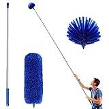 ZZ LAZYCOTTAGE Cobweb Duster with Extension Pole, Washable Cleaning Duster Kit with 2 Duster Heads, Cobweb Duster, Corner Brush, Aluminum Telescoping Pole for Ceiling Fan (Blue)