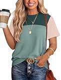 WIHOLL Womens Summer Tops Trendy Color Block St Patricks Day Shirt Women Short Sleeve Spring Fall Outfits 2025 School Outfits for Teachers Old Money Clothes Beach Vacation Essentials Army Green L
