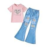 HSOXLQF Kid Toddler Girl Summer Clothes Leopard & Heart Print Short Sleeve T-Shirt + Flared Leg Pants Outfits (Not Jeans) 6-7T