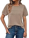 AUTOMET Women's Short Sleeve Shirts Dressy Lace Summer Tops 2025 Spring Trendy Casual T-Shirts Cute Work Outfits Blouses Khaki L