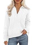 PRETTYGARDEN Fall Cable Knit Sweaters for Women 2025 Long Sleeve Loose Chunky Polo V Neck Sweater Casual Pullover Jumper Tops(White,Small)