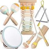 Baby Musical Instruments - Montessori Musical Toys for Toddlers 1-3, Neutral Colors Wooden Percussion Instruments Set, Modern Boho Xylophone Tambourine, Kids Preschool Educational Birthday Gifts