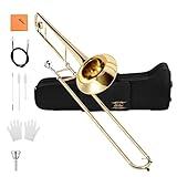 Eastar Bb Tenor Slide Trombone for Beginners Students, B Flat Brass Plated Trombone Instrument with Mouthpiece, White Gloves, Cleaning Kit, ETB-330, Golden