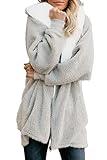 ReachMe Womens Fleece Zip Up Jacket with Pockets Oversized Long Sherpa Hoodie Fuzzy Jackets Warm Teddy Coat(02 Light Grey,M)