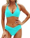 Yonique Women Two Piece Bathing Suits Push Up Bikini Set Halter Swimsuit Vintage Swimwear Aqua Green M