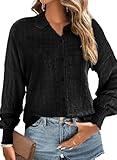 Dokotoo Summer Tops for Women 2024 Textured Long Sleeve V Neck Button Down Shirts Dressy Casual Cute Soft Oversized Work Business Fall Blouses for Women Ladies Tops and Blouses Black X-Large