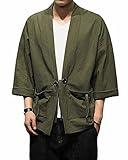 PRIJOUHE Men's Japanese Style Kimono Cardigan Jacket Cotton Blends Linen Seven Sleeves Solid Color Open Front Coat