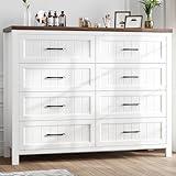 Jocoevol Farmhouse Dresser 8 Drawer Dresser for Bedroom, Large Wooden Dressers Double Grey Dresser with Deep Drawers Dressers for Hallway, Entryway (White and Brown)