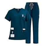 VIAOLI Scrubs Set Multiple pockets V-Neck Top and Drawstring Scrub Pant - Medical Uniform Women Scrub Set Clearance (Caribbean Blue,M,Medium)