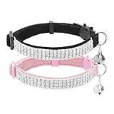 EXPAWLORER Soft Velvet Safe Cat Collars for Girl Cats -2 Pack Rhinestones Bling Diamante Adjustable Collars Breakaway- Chirstmas Cat Clollar Gifts with Bells for Boy Cats Kitty and Small Dogs