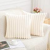 Pallene Faux Fur Plush Christmas Throw Pillow Covers 18x18 Set of 2 - Luxury Soft Fluffy Striped Decorative Pillow Covers for Sofa, Couch, Living Room - Cream White