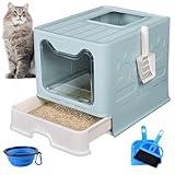 PINVNBY Large Foldable Cat Litter Box with Drawer Enclosed Cat Potty Tray with Lid Top Entry Toilet Anti-Splashing Cat Supplies with Plastic Scoop Easy Clean No Smell Kitty Toilet (Blue)
