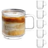 Qipecedm 6 PACK Premium Glass Coffee Mugs with Handle, 12 OZ Classic Vertical Stripes Glass Coffee Cups, Transparent Tea Cup for Hot/Cold Beverages, Glassware Set for Americano, Latte, Cappuccino