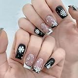 Snowflake Press on Nails Short Square Christmas Fake Nails Black White French Tip False Nails Winter Xmas Snowflake Nails Press ons with Rhinestones Artificial Full Cover Glue on Nails for Women 24Pcs