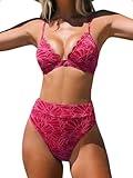 CUPSHE Bikini Sets for Women Bathing Suit High Waisted Scalloped V Neck Two Pieces Swimsuit,L Fuchsia Red