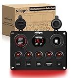 Nilight 5 Gang Multi Function Rocker Switch Backlit Dual USB Charger, Digital Voltmeter, 12V Outlet Pre-Wired Panel with Inline Fuse for RVs Cars Boats Trucks Trailers, Red (90124E)