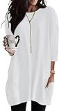 Poetsky Womens Shirts Pullover Solid Color Elbow Length Long Tunic Tops to Wear with Leggings Plain Shirts with Pockets for Women 2XL White