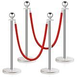 Stainless Steel Stanchion Post Queue,5 ft Red Velvet Rope Red Carpet Ropes and Poles Crowd Control Barriers,Sand Injection Hollow Base and Velvet Ropes Set for Party Supplies (4 Pieces, Silver)