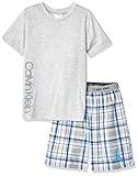 Calvin Klein | Boys 2 Piece Sleepwear Top and Bottom Pajama Set | Heather Grey, Ck Cloud Plaid | X-Large