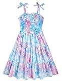 Kids4evr Girls' Casual Dresses Starry Sky Pattern Tie Strap Dress Age 12Kid Easter Summer Beach Smocked Sundress Tiered Ruffle Sleeveless Party Clothes Skirt with Pockets