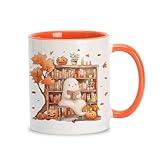 Hyturtle Fall Halloween Coffee Mug - Cute Ghost Reading Book Mug - Maple Leaves Spooky Pumpkin Gifts For Men Women On Halloween Birthday Christmas - 11oz Two Tone Orange/White Ceramic Coffee Tea Cup