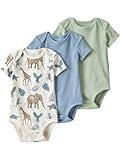 little planet by carter's Baby 3-Pack Short Sleeve Bodysuits made with Organic Cotton, Moss Green, Blue Stripe, Safari Print, 18M