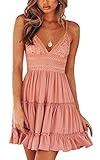 ECOWISH Dresses for Women 2024 Summer V-Neck Spaghetti Strap Bowknot Backless Sleeveless Lace Mini Swing Skater Dress Rose Pink Extra Small